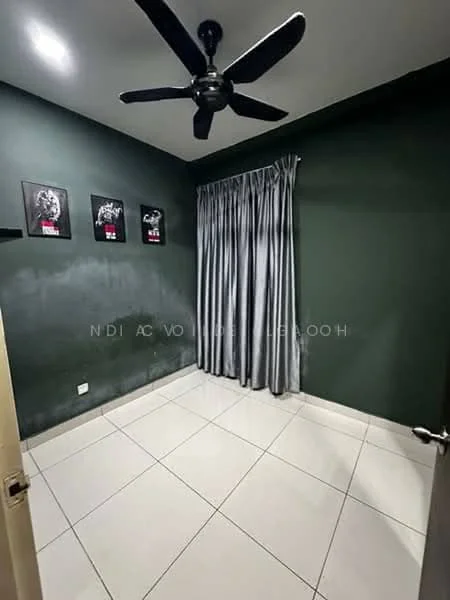 Room features: dark green painted walls, white ceramic tile flooring, 5-blade ceiling fan, grey curtains, framed artwork on walls, single light switch, door with handle, corner wall with no visible furniture; style: modern.