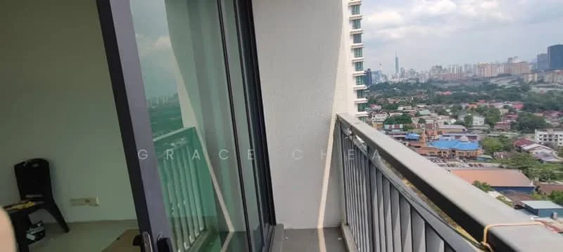 Room features: balcony, glass sliding door, metal railing, city skyline view; view: city.