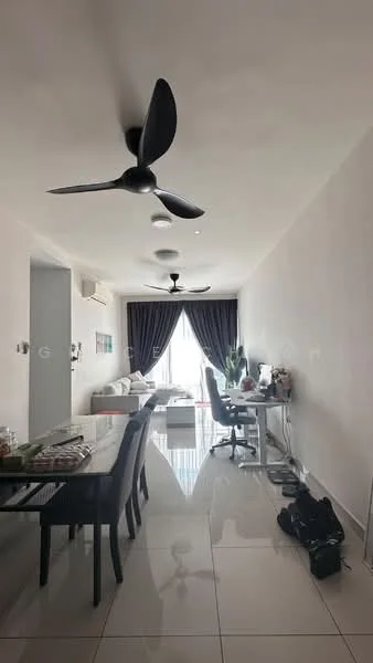 Living features: white painted walls, polished ceramic tile flooring, 5-blade ceiling fan in black, recessed downlights, floor-to-ceiling windows, blackout curtains, sofa in white, dining table with 4 chairs, study desk with chair, indoor plants, decorative items on table; style: modern; view: city.