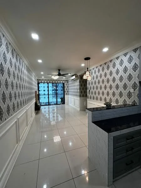 Living features: white painted walls with decorative moulding, grey patterned wallpaper, polished ceramic tile flooring, 5-blade ceiling fan with light, recessed LED downlights, pendant lighting, sliding glass door, floor-to-ceiling windows, balcony access, open layout, decorative wall paneling, built-in cabinetry; style: modern; view: city.