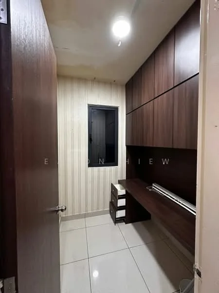Room features: dark wood cabinetry, white walls with vertical stripes, single window, tile flooring, ceiling light fixture, built-in desk, drawer unit, wall-mounted shelving; style: modern.
