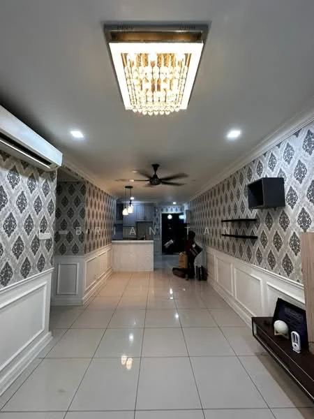 Room features: glossy white tile flooring, white painted walls with wainscoting, decorative wallpaper with diamond pattern, chandelier light fixture, recessed LED downlights, 5-blade ceiling fan, open layout leading to kitchen, wall-mounted TV, shelves on wall, air conditioning unit; style: modern.