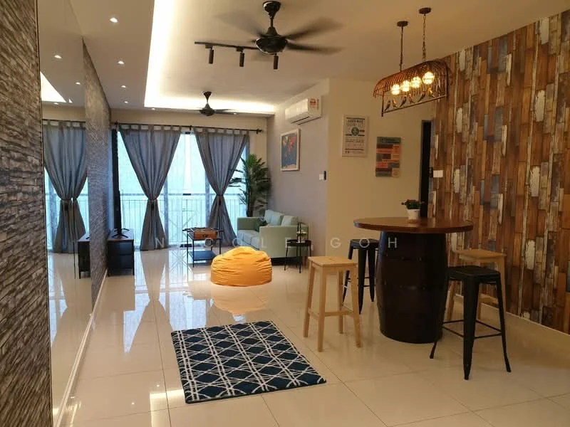 Living features: floor-to-ceiling windows, grey sheer curtains, 2 ceiling fans, recessed downlights, wood accent wall with patterned design, white painted walls, polished ceramic tile flooring, round dining table, 4 wooden stools, yellow bean bag, blue area rug with geometric pattern, green indoor plant, wall-mounted air conditioning unit; style: modern; view: city.
