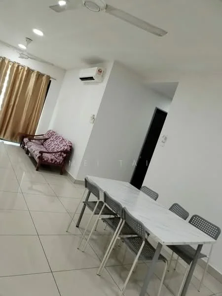 Dining features: rectangular dining table with marble top, 6 grey plastic dining chairs, white painted walls, ceramic tile flooring, recessed downlights, 1 wall-mounted split AC, 5-blade ceiling fan, curtains in beige, sofa in maroon fabric, open layout; style: modern. Living features: sofa in maroon fabric, white painted walls, ceramic tile flooring, recessed downlights, 1 wall-mounted split AC, 5-blade ceiling fan, curtains in beige; style: modern.