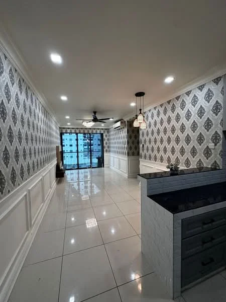 Living features: white painted walls with crown moulding, grey patterned wallpaper, polished ceramic tile flooring, 5-blade ceiling fan with light, two pendant lights, floor-to-ceiling sliding glass door, balcony view, recessed downlights, open layout to kitchen, decorative wall paneling; style: modern; view: city.