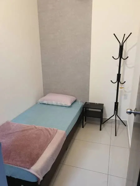 Bedroom features: single bed with light blue bedding, pink throw blanket, grey accent wall, white painted walls, white tiled flooring, black bedside table, coat rack, window with no visible treatment; style: modern.