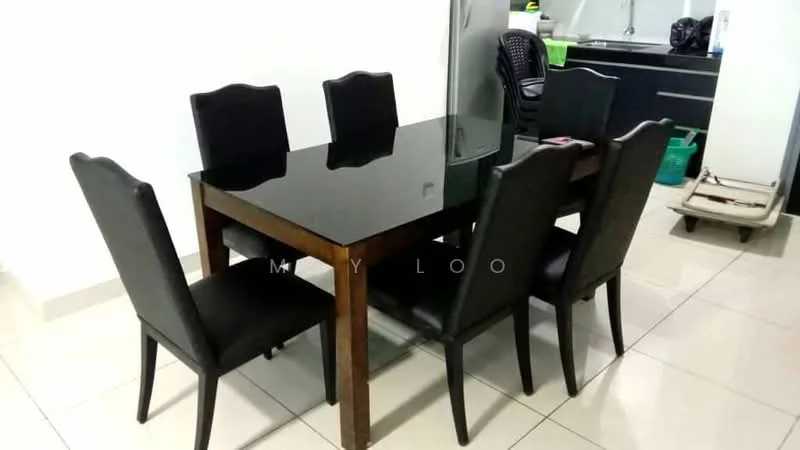 Dining features: black glass dining table, wooden table legs, 6 black upholstered dining chairs, white painted walls, tile flooring, recessed ceiling lights, open layout to kitchen, kitchen cabinetry visible in background; style: modern.