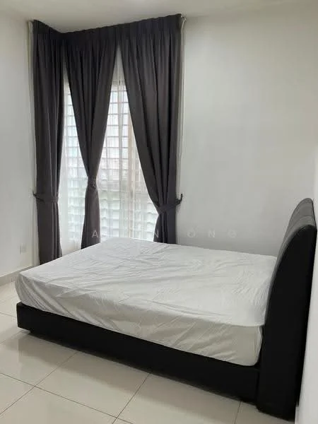 Bedroom features: queen-size bed, upholstered headboard, white bed linens, floor-to-ceiling windows, sheer curtains, blackout curtains, white painted walls, glossy tile flooring; style: modern.