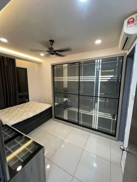 Bedroom features: queen-size bed, upholstered headboard, built-in wardrobe with glass doors, ceiling fan, recessed LED downlights, white painted walls, glossy tile flooring, black bedside table, dark wood dresser, black curtains; style: modern.