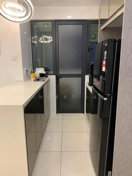 Kitchen features: white countertop, black cabinetry, stainless-steel fridge, built-in oven, recessed lighting, pendant light fixture, sliding glass door, tile flooring, grey walls, open shelving, kitchen utensils on countertop; style: modern.