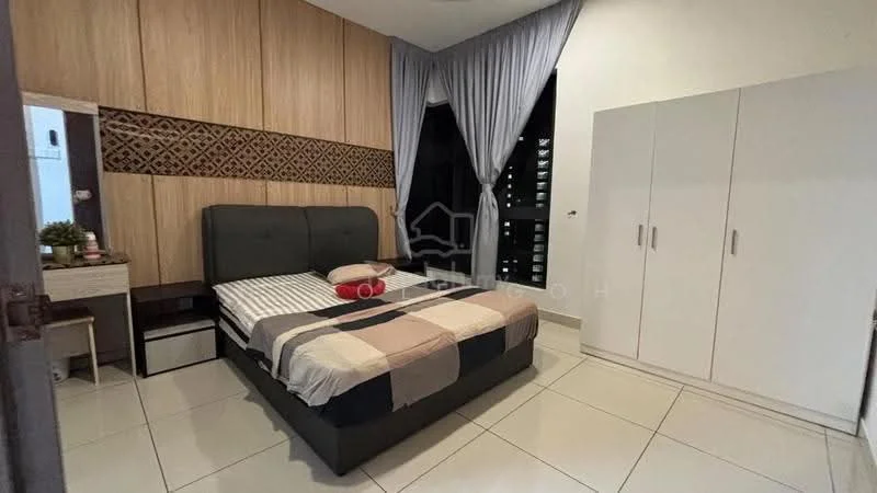 Bedroom features: queen-size bed with upholstered headboard, plaid bedding, built-in wardrobe with sliding doors, nightstand with drawer, decorative wall panel with geometric pattern, floor-to-ceiling windows, curtains, white tiled flooring, wall-mounted mirror; style: modern.