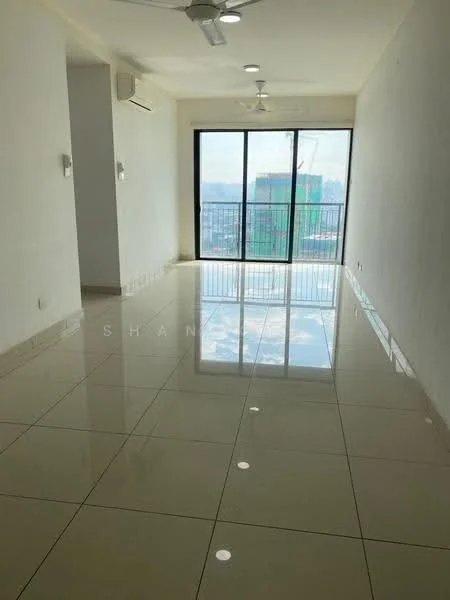 Living features: white painted walls, glossy ceramic tile flooring, 5-blade ceiling fan with light, floor-to-ceiling windows, sliding glass door, balcony access, air conditioning unit, natural light from windows; style: modern; view: city.