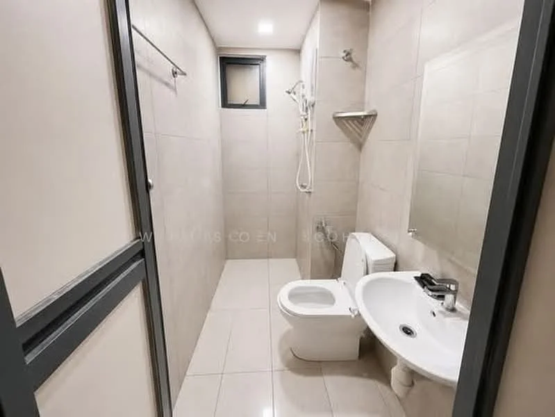 Bathroom features: light beige tiled walls, light beige tiled flooring, walk-in shower with glass panel, chrome handheld showerhead, wall-mounted shower faucet, toilet, pedestal sink, framed mirror, shelf above toilet, small window, recessed ceiling lights; style: modern.