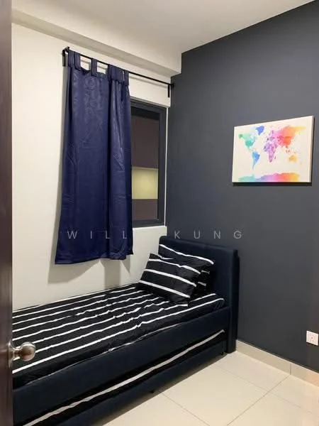 Bedroom features: single bed with navy blue upholstered frame, striped bedding in black and white, dark blue accent wall, light grey tiled flooring, window with sheer curtains, framed artwork on wall, decorative pillows, ceiling light fixture; style: modern.
