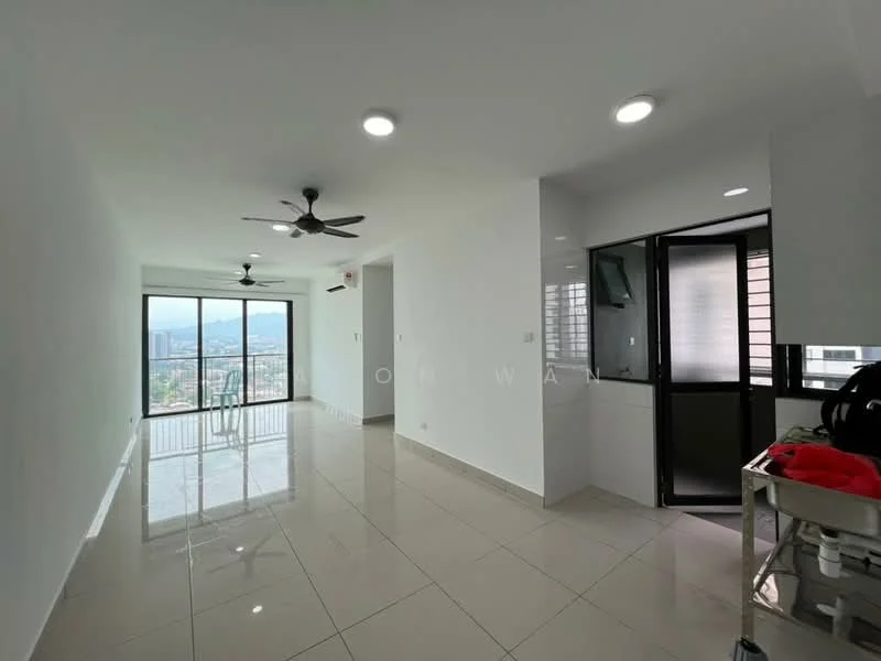 Living features: white painted walls, glossy tile flooring, 5-blade ceiling fan with light, floor-to-ceiling windows, city view, recessed downlights, sliding glass door, open layout, balcony access, TV mounted on wall, neutral color scheme; style: modern; view: city. Kitchen features: white cabinetry, stainless-steel sink, countertop with breakfast bar, built-in oven, microwave, refrigerator, open shelving, tile backsplash; style: modern.