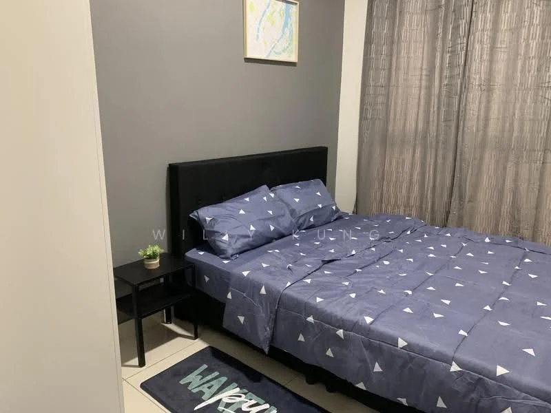 Bedroom features: king-size bed with dark upholstered headboard, blue bedding with white geometric pattern, nightstand with drawer, framed artwork on wall, grey accent wall, floor-to-ceiling curtains, tile flooring, decorative plant on nightstand, area rug with text; style: modern.
