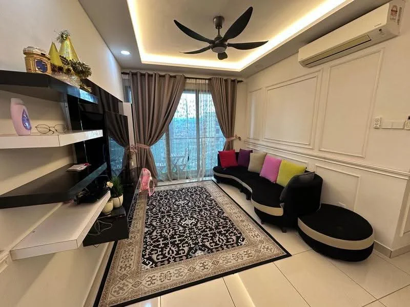 Living features: 5-blade ceiling fan with light, recessed LED downlights, cream painted walls with crown moulding, white tiled flooring, black sectional sofa with colorful cushions, black round ottoman, black wall-mounted shelves, decorative area rug with geometric pattern, floor-to-ceiling windows with sheer curtains, sliding glass door leading to balcony, air conditioning unit on wall; style: modern; view: city.