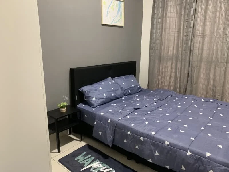 Bedroom features: king-size bed with black upholstered headboard, blue bedding with white triangle pattern, black bedside table, framed artwork on wall, grey painted walls, floor-to-ceiling curtains, tile flooring, area rug with text; style: modern.