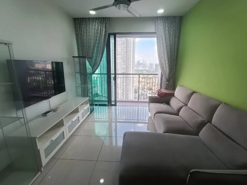 Living features: grey L-shape sectional sofa, white TV console, wall-mounted TV, floor-to-ceiling windows, green accent wall, sheer curtains, recessed downlights, polished tile flooring, ceiling fan; style: modern; view: city.