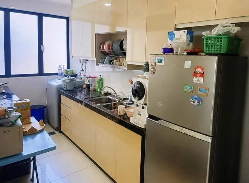 Kitchen features: light wood cabinetry, black granite countertop, stainless-steel fridge, built-in washing machine, white ceramic sink, chrome faucet, wall-mounted shelves, various kitchen utensils, stacked plates and cups, tile flooring, window with natural light, blue trash bin, green storage basket; style: modern.