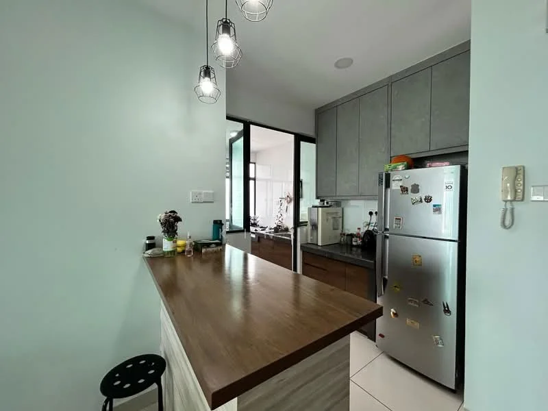 Kitchen features: light wood countertop, grey cabinetry, stainless-steel fridge, pendant lighting, white tiled flooring, open layout, black bar stool, glass partition, sink, kitchen appliances visible; style: modern.