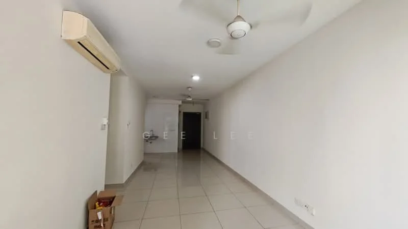 Room features: white painted walls, glossy ceramic tile flooring, 5-blade ceiling fan, recessed downlights, wall-mounted split AC, open space layout, neutral color scheme, no visible furniture; style: modern.