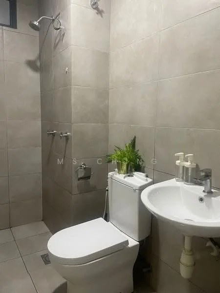 Bathroom features: walk-in shower with glass enclosure, rain shower head, handheld shower, one-piece toilet, single-sink vanity, chrome basin mixer, framed mirror, tile cladding, grey ceramic tile flooring, white painted walls, decorative plant, soap dispenser, toothbrush holder; style: modern.