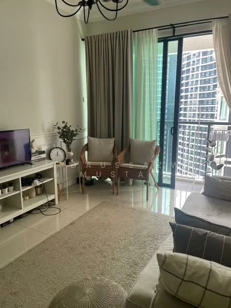 Living features: beige wall paint, white ceiling, 5-blade ceiling fan in white, floor-to-ceiling windows, sliding glass door, sheer curtains, two armchairs in light wood, light-colored area rug, TV console in white, wall-mounted TV, decorative plants, coffee table with round design, decorative cushions on sofa; style: modern; view: city.