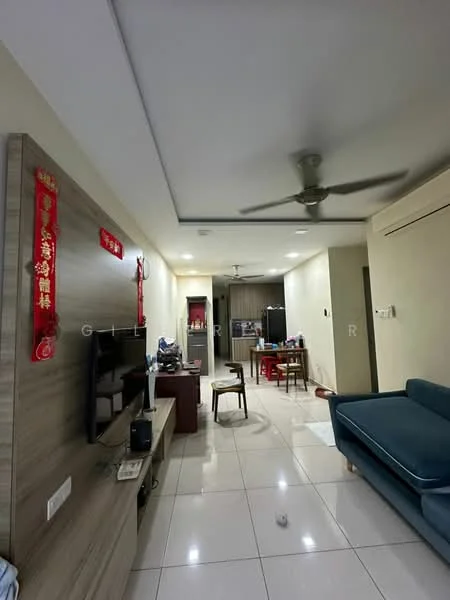 Living features: white painted walls, glossy tile flooring, 5-blade ceiling fan with light, TV console with wall-mounted TV, sofa in teal, coffee table, decorative wall with red banners, open layout to kitchen, refrigerator visible in kitchen area, dining table in background; style: modern.