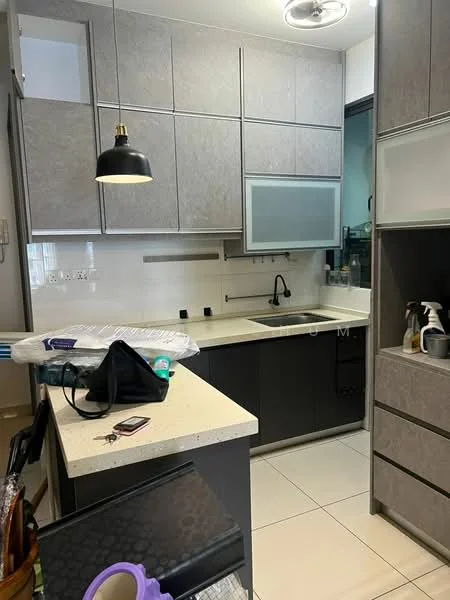 Kitchen features: grey cabinetry, white countertop, single-bowl stainless-steel sink, chrome pull-down faucet, built-in oven, stainless-steel range hood, 4-burner gas hob, pendant light, ceramic tile flooring, white tiled backsplash, recessed downlights, open shelving, kitchen island; style: modern.