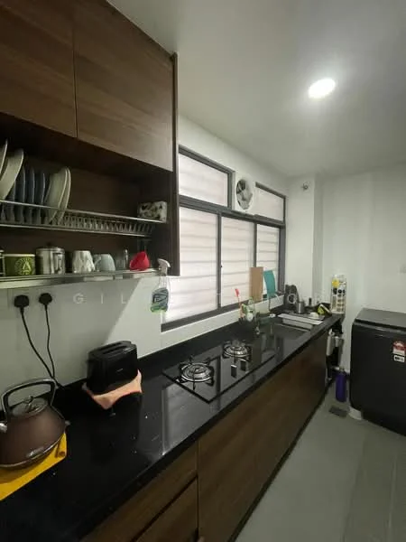 Kitchen features: black granite countertop, wood cabinetry, stainless-steel sink, 2-burner gas hob, kettle, toaster, wall-mounted shelves, window with blinds, refrigerator, wall-mounted fan, ceramic tile flooring, under-cabinet lighting; style: modern.