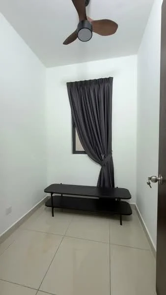 Room features: white painted walls, light-colored tile flooring, 5-blade ceiling fan, black low-profile coffee table, floor-to-ceiling window, grey curtains; style: modern.
