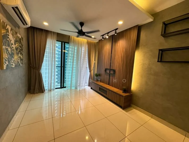 Living features: white painted walls, grey accent wall, polished ceramic tile flooring, 5-blade ceiling fan with light, floor-to-ceiling sliding glass door, sheer curtains, wooden TV console, wall-mounted shelving, decorative wall art, recessed lighting; style: modern; view: city.