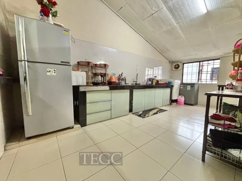 Kitchen features: stainless-steel fridge, glass-front upper cabinets, laminate countertop, double-basin sink, chrome pull-down faucet, built-in oven, ceramic tile flooring, white painted walls, window with grid, kitchen island, open shelving, microwave, dishwasher, wall-mounted storage rack; style: modern.