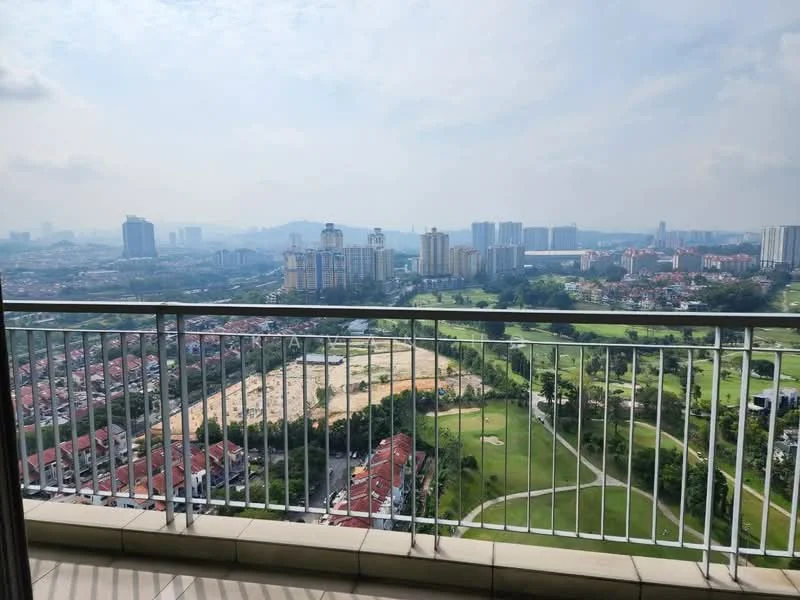 Exterior type: high-rise condominium; features: balcony with railing, city skyline view, surrounded by greenery, view of sports field, view of residential area, clear sky, urban landscape; style: modern.