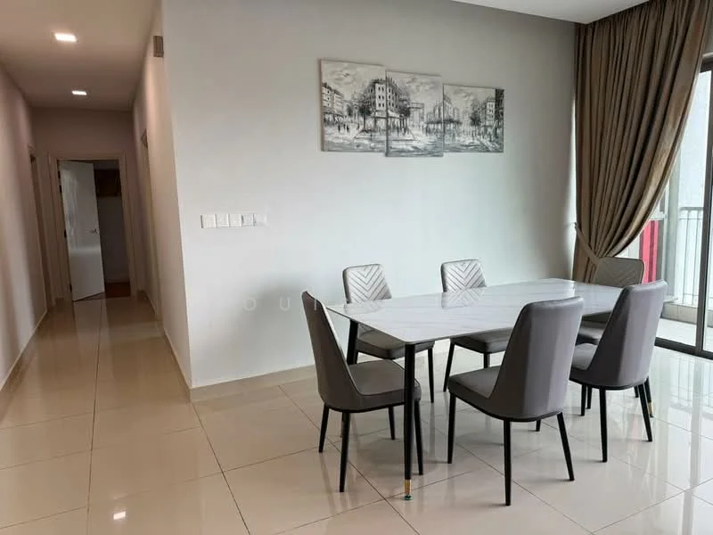 Dining features: 6-seater dining table with marble top, upholstered dining chairs in grey, white painted walls, glossy tile flooring, floor-to-ceiling windows, curtains in beige, decorative wall artwork, recessed LED downlights; style: modern; view: city. Room features: white painted walls, glossy tile flooring, doorway leading to hallway.