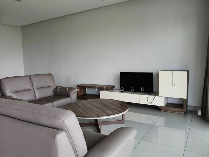 Living features: 3-seater leather sofa in light grey, round wooden coffee table, wall-mounted TV, TV console with white cabinetry, grey painted walls, glossy tile flooring, floor-to-ceiling windows with sheer curtains, decorative wall paneling; style: modern.