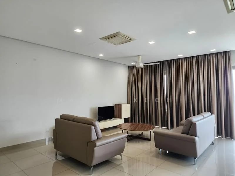 Living features: 2-seater leather sofa in light grey, 3-seater leather sofa in light grey, round wooden coffee table, wall-mounted TV, floor-to-ceiling windows with sheer curtains, recessed LED downlights, ceiling fan, cream tiled flooring, white painted walls; style: modern.