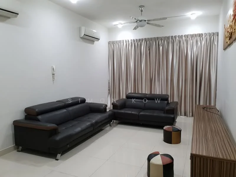 Living features: black leather sectional sofa, 3-seater sofa, 2-seater sofa, ceiling fan, 2 wall-mounted split AC units, white painted walls, glossy tile flooring, floor-to-ceiling curtains, wooden TV console, decorative wall art; style: modern.