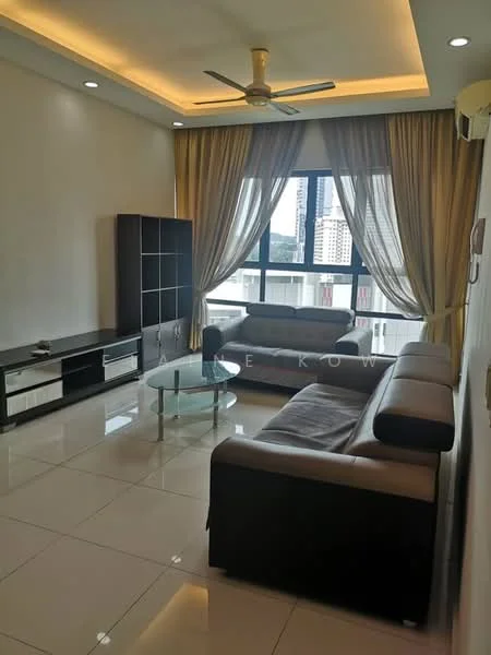 Living features: 3-seater leather sofa, 2-seater leather sofa, glass coffee table, TV console, floor-to-ceiling windows, sheer curtains, recessed downlights, ceiling fan, white painted walls, glossy tile flooring; style: modern; view: city.