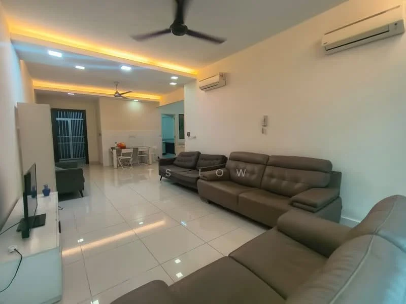 Living features: grey leather sectional sofa, 2-seater fabric sofa, coffee table, wall-mounted TV, white painted walls, recessed LED downlights, ceiling fan, white tile flooring, air conditioning unit, open layout to dining area; style: modern.