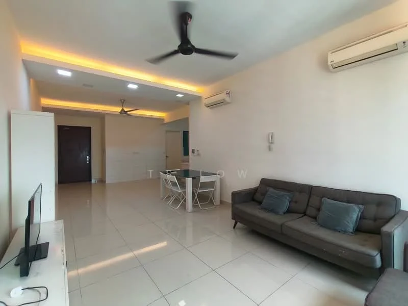 Living features: 3-seater fabric sofa in grey, 2 decorative cushions, wall-mounted TV, white TV console, dining table with 4 chairs, ceiling fan, recessed LED downlights, air conditioning unit, glossy tile flooring, white painted walls, open layout, natural light from windows; style: modern.