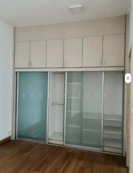 Room features: built-in wardrobe with sliding glass doors, light wood cabinetry, upper cabinets with frosted glass panels, open shelving, wooden flooring, recessed ceiling lights; style: modern.