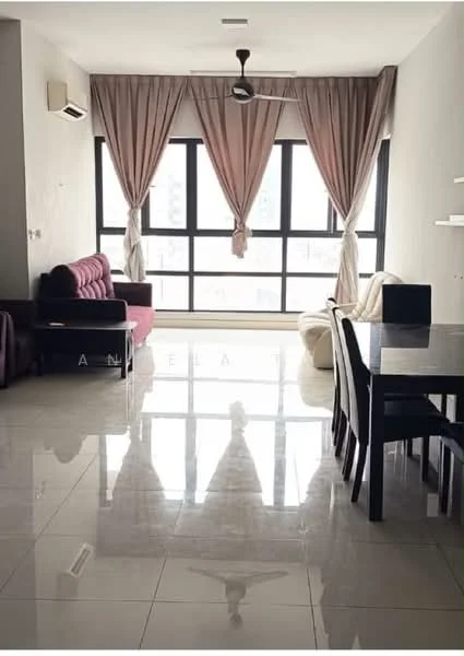 Living features: 3-seater fabric sofa in maroon, 2-seater fabric sofa in cream, glass coffee table, dining table with 4 chairs, floor-to-ceiling windows, sheer curtains in beige, drapes in pink, polished ceramic tile flooring, ceiling fan, wall-mounted air conditioning unit; style: modern; view: city.