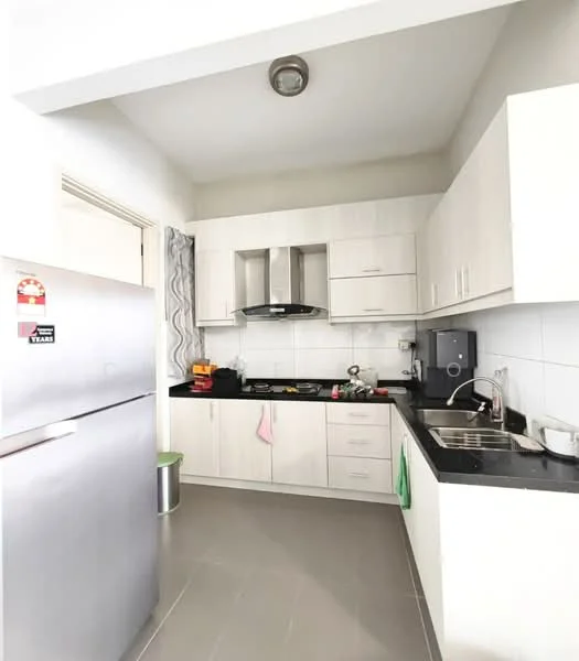 Kitchen features: white shaker cabinets, black granite countertop, stainless-steel fridge, built-in oven, 4-burner gas hob, stainless-steel sink, chrome pull-down faucet, tile backsplash, grey tile flooring, recessed downlights, window with sheer curtains, kitchen island, kitchen appliances, wall-mounted range hood; style: modern.
