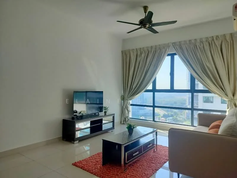 Living features: light beige walls, white ceiling, 5-blade ceiling fan with light, large floor-to-ceiling windows, grey fabric sofa, coffee table with glass top, TV console in black, flat-screen TV, area rug with geometric pattern, decorative throw pillows; style: modern; view: city.