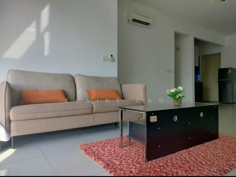 Living features: 3-seater fabric sofa in beige, coffee table with black surface and metallic accents, area rug with geometric pattern in red, wall-mounted split AC, white painted walls, grey tile flooring, decorative plant in ceramic pot, natural light from window; style: modern.