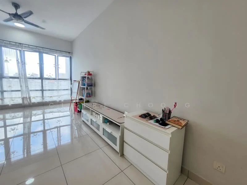 Room features: white painted walls, glossy tile flooring, 5-blade ceiling fan, floor-to-ceiling windows, natural light, white dresser, white storage unit, decorative shelving unit; style: modern; view: city.