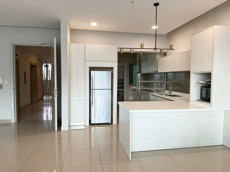 Kitchen features: white cabinetry with flat-panel design, stainless-steel fridge, built-in microwave, white quartz countertop, single-bowl stainless-steel sink, chrome pull-down faucet, pendant light fixture, ceramic tile flooring, open layout, wall-mounted cabinets, island with seating area, recessed downlights; style: modern.