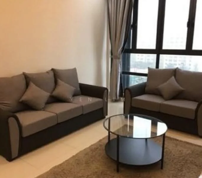 Living features: 2-seater fabric sofa in grey, 3-seater fabric sofa in grey, glass coffee table, area rug in beige, floor-to-ceiling windows, sheer curtains, neutral painted walls, light-colored tiled flooring; style: modern.